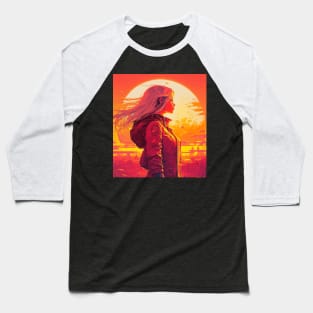 Cyberpunk Girl Looking At Synthwave Sun Baseball T-Shirt